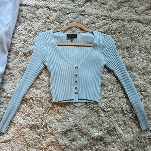 Cotton Candy LA Pearl Buttons Ribbed Cardigan Crop Top Light Blue